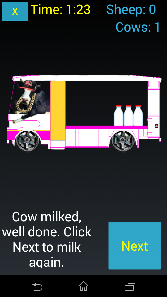 BrainQuest cow-milking task screen with positive feedback and a Next button