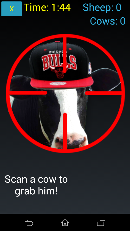 BrainQuest scanning interface prompting the player to scan a cow game piece