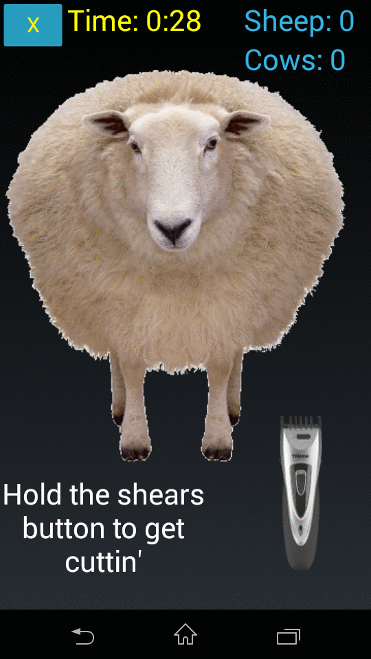 BrainQuest sheep-shearing task screen prompting the player to hold the shears button