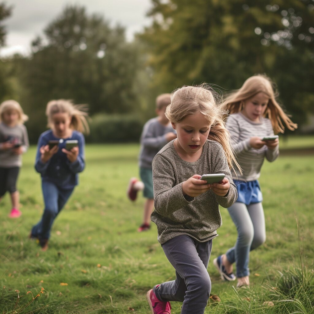 Primary-school children running and playing outdoors during a Critter Jam session