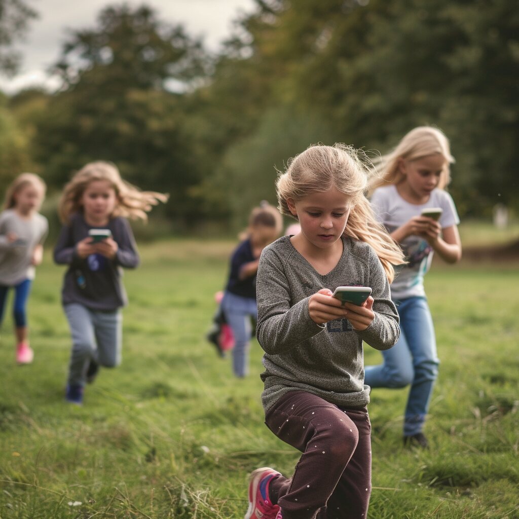Children playing an active running game in a school field