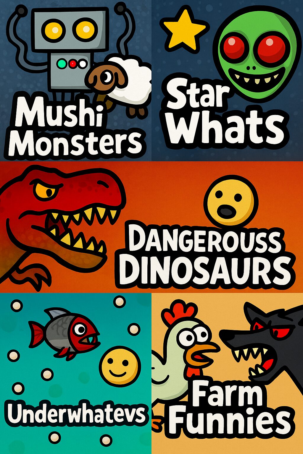 The five themed worlds of Critter Jam shown as illustrated badges
