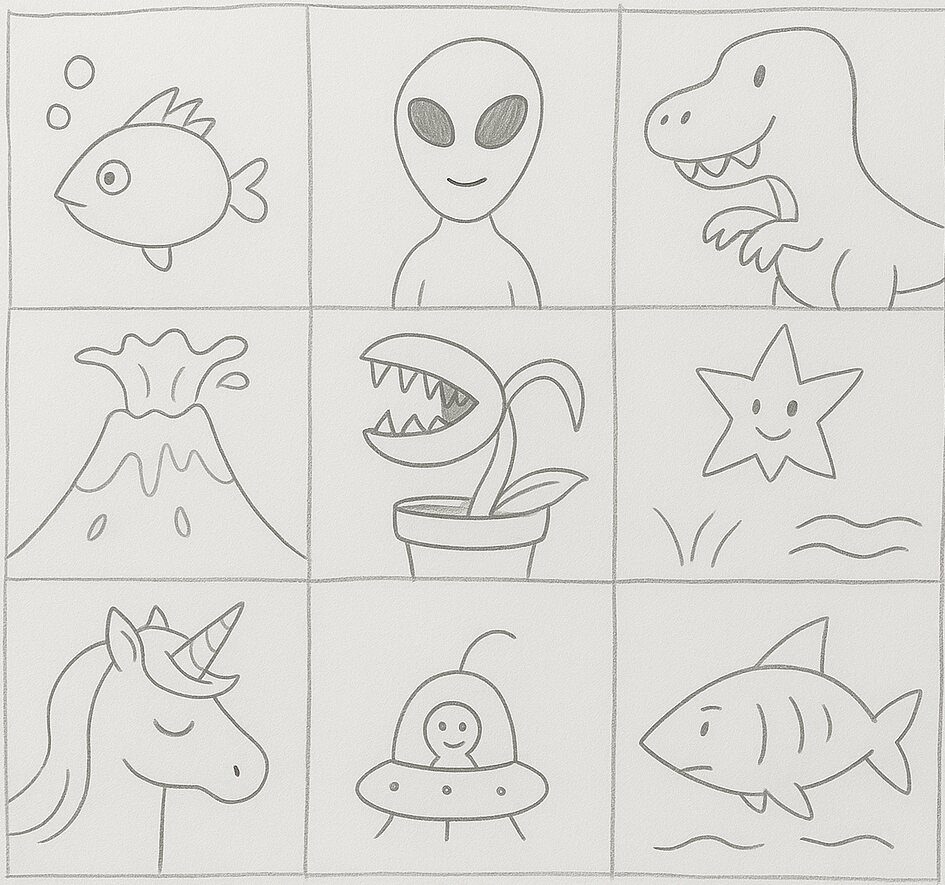 Children's Crazy 8 sketches of game creatures and scenes from a design workshop