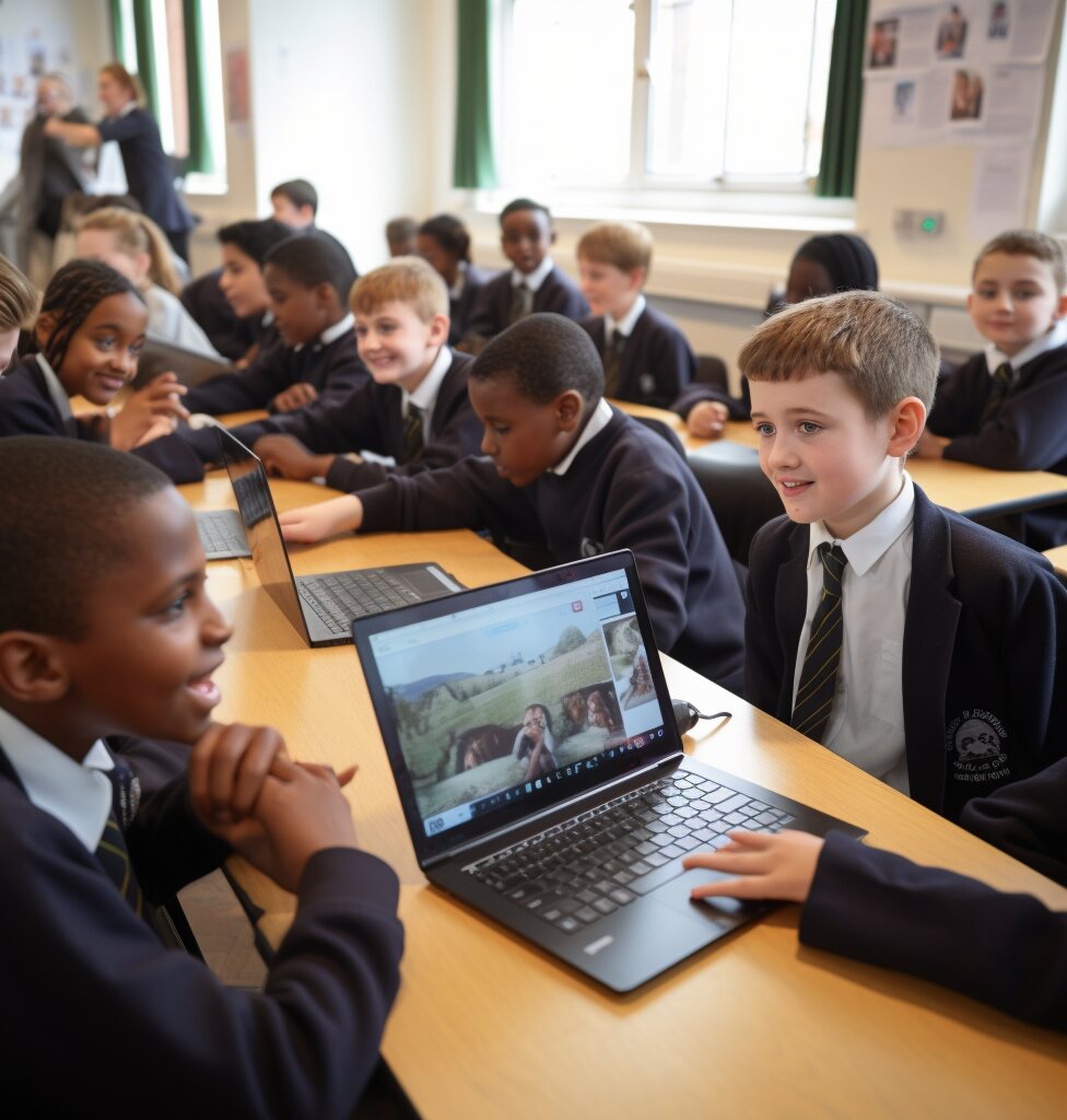 Engaged pupils interacting with a data education lesson on shared laptops