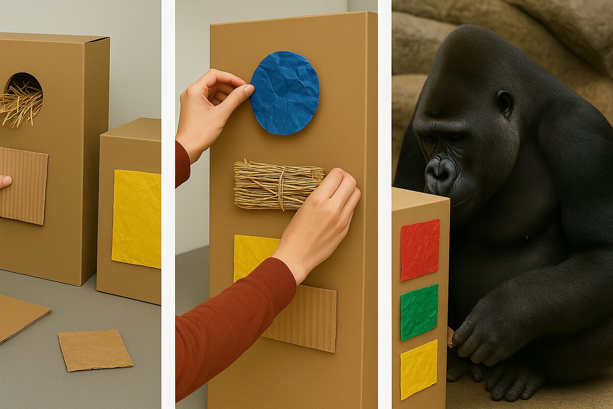 A second cardboard puzzle mockup with tactile interface elements being explored by a gorilla