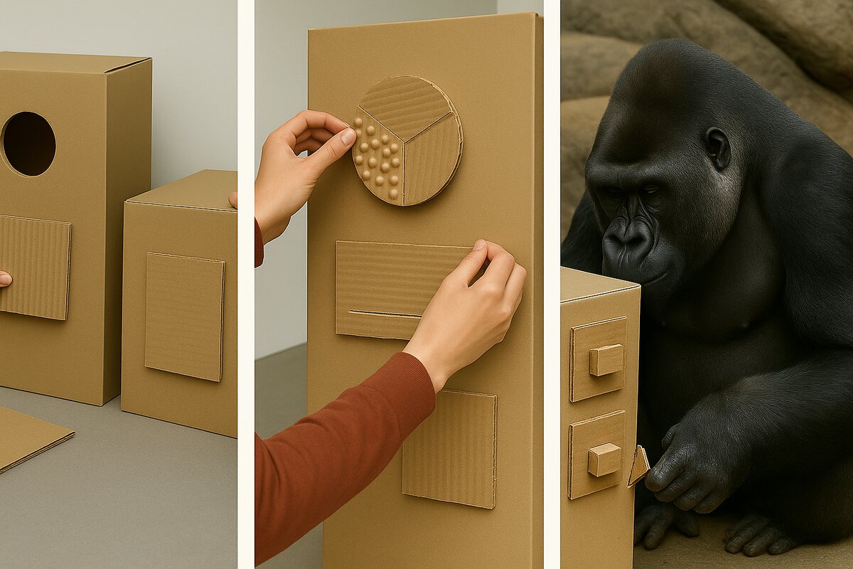 A gorilla investigating a full-size cardboard puzzle mockup pressed against the enclosure mesh