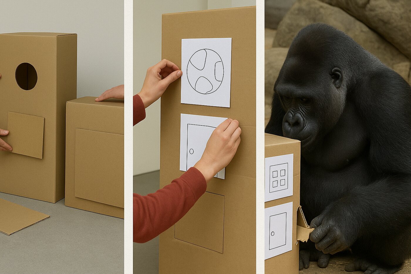 A gorilla investigating a Gorilla Game Lab puzzle prototype