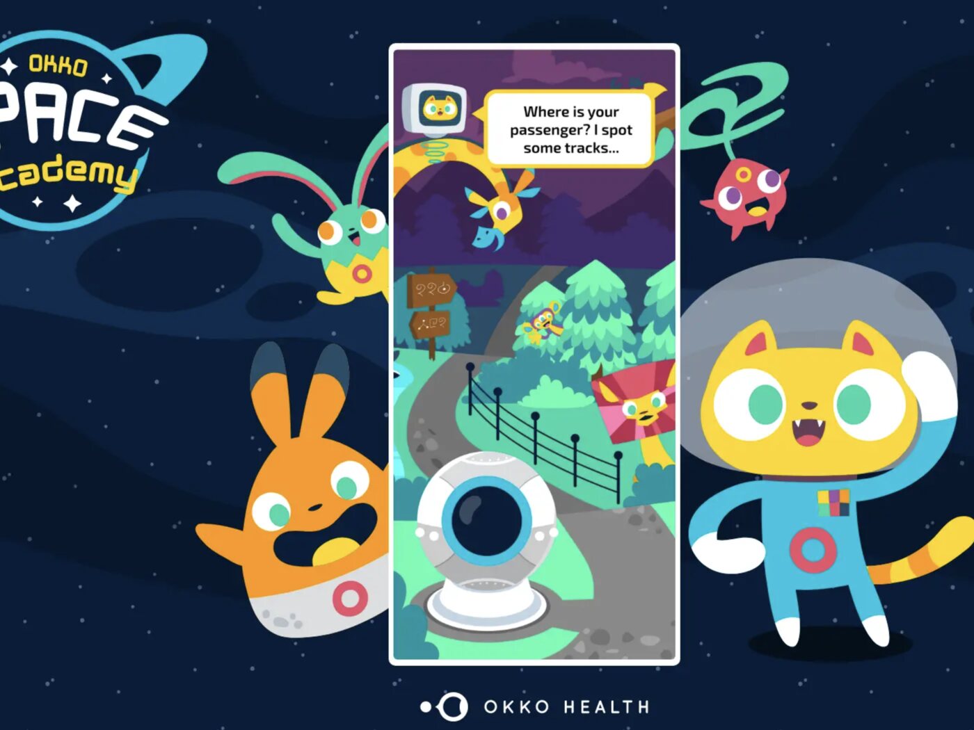 The OKKO Space Academy game world — a bright cosmic hub welcoming young cadets