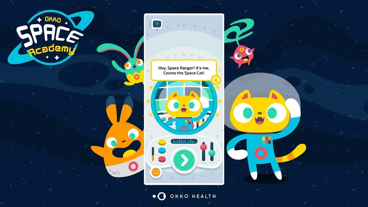 OKKO Space Academy promotional art with Cosmo the Spacecat and the cadet cast