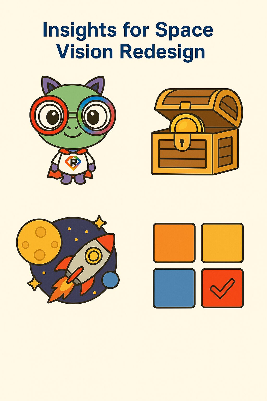 Insights board for the Space Vision redesign — characters, treasure, and collectables