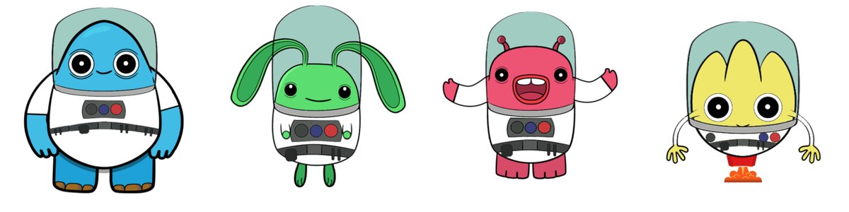 A set of anthropomorphic Space Vision characters in space suits and costumes