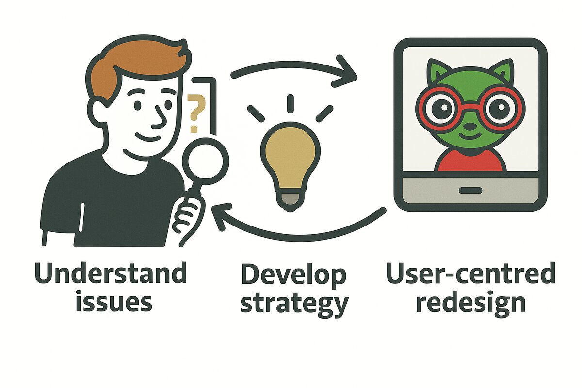 Diagram showing the strategy: understand issues, develop strategy, user-centred redesign