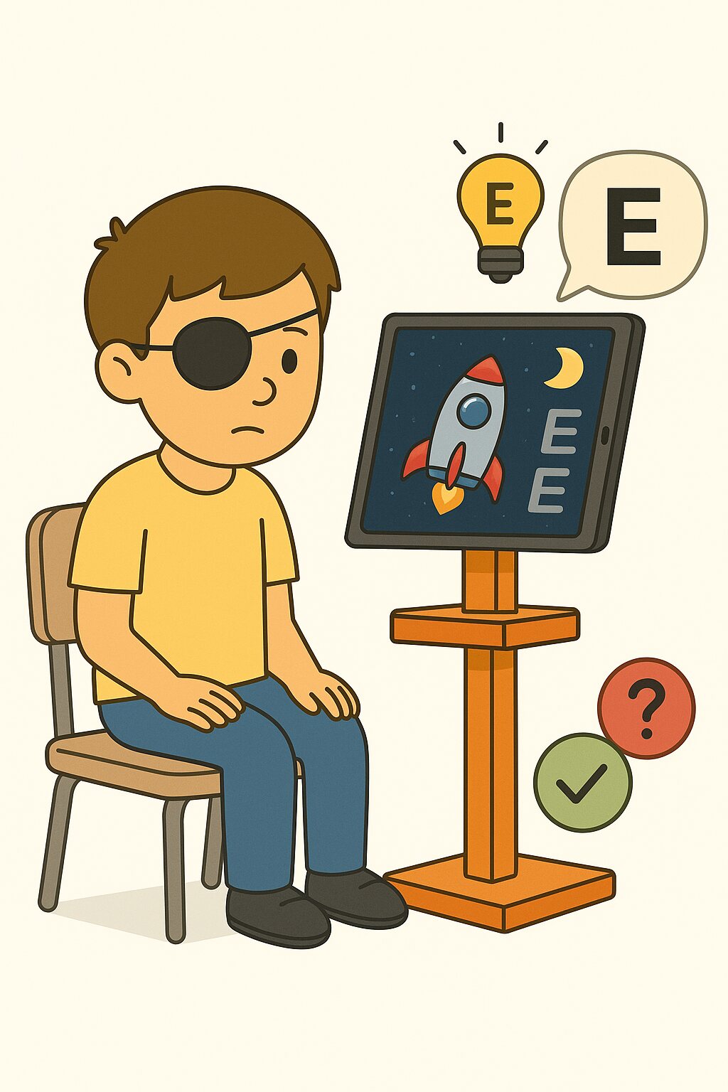 A child wearing an eye patch undertaking a tablet-based vision test