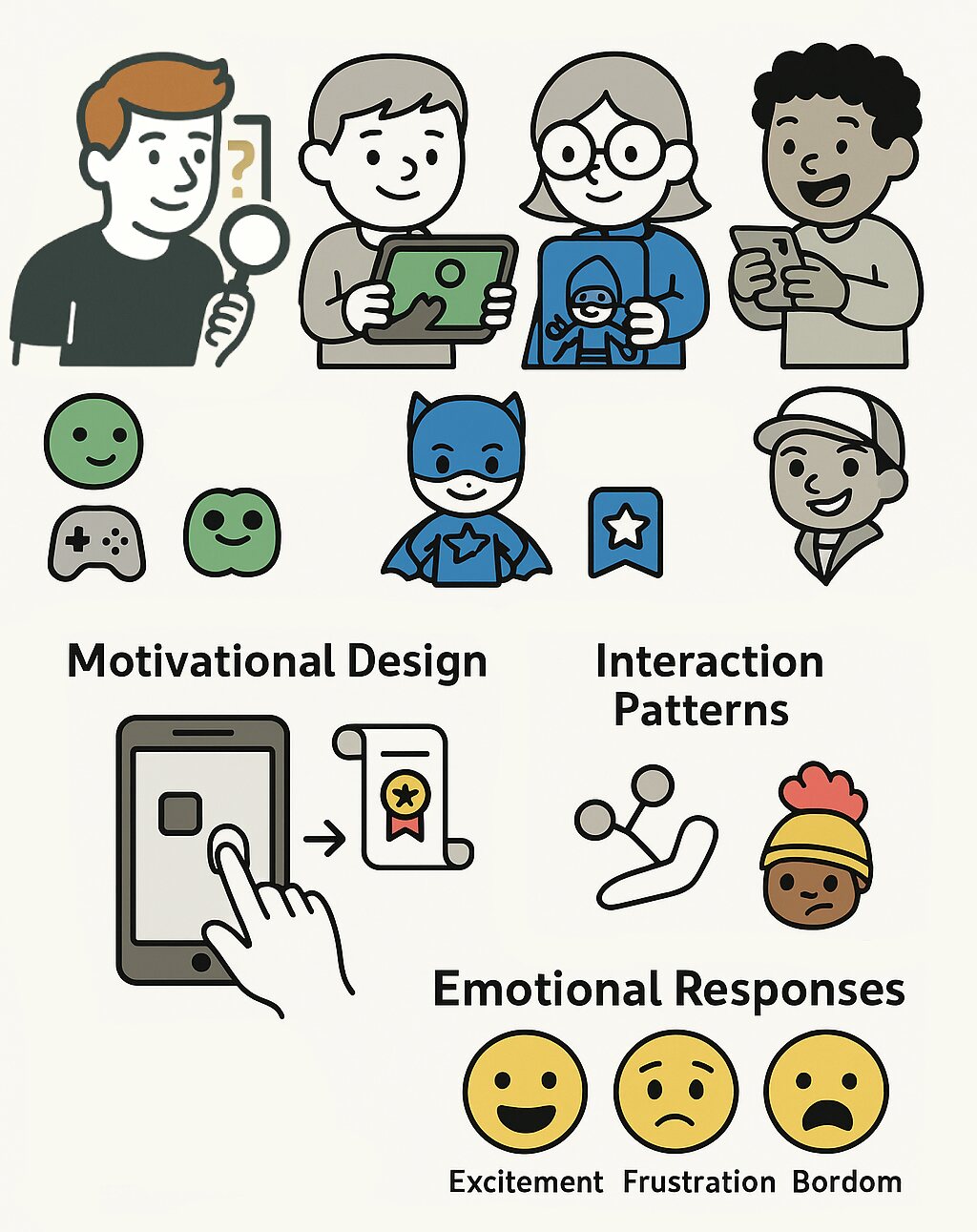 Research study illustration: motivational design, interaction patterns, and emotional responses