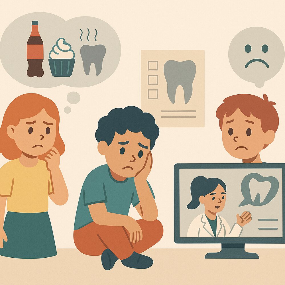 Illustration of children worried about teeth and sugary food, with a dentist on screen