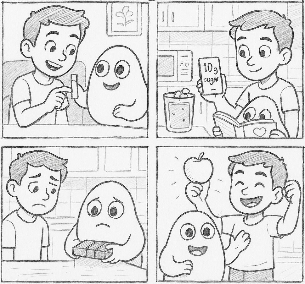 Hand-drawn storyboard panels showing a child interacting with Sugargotchi