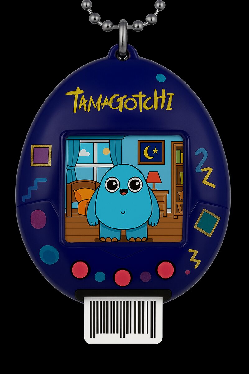 A 1990s-style Tamagotchi keychain featuring the Sugargotchi character