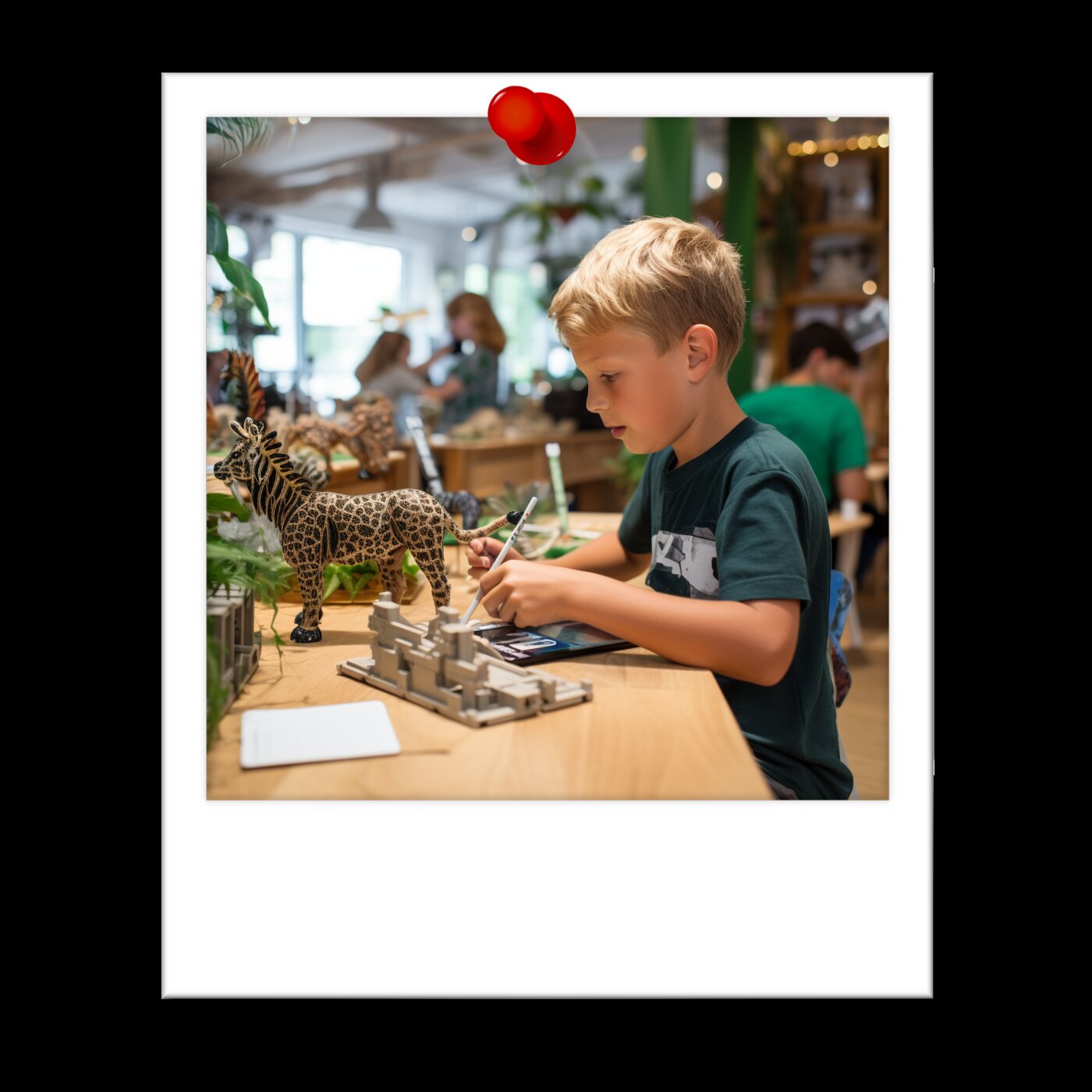 Illustration of children designing enrichment technologies for animals at a zoo workshop