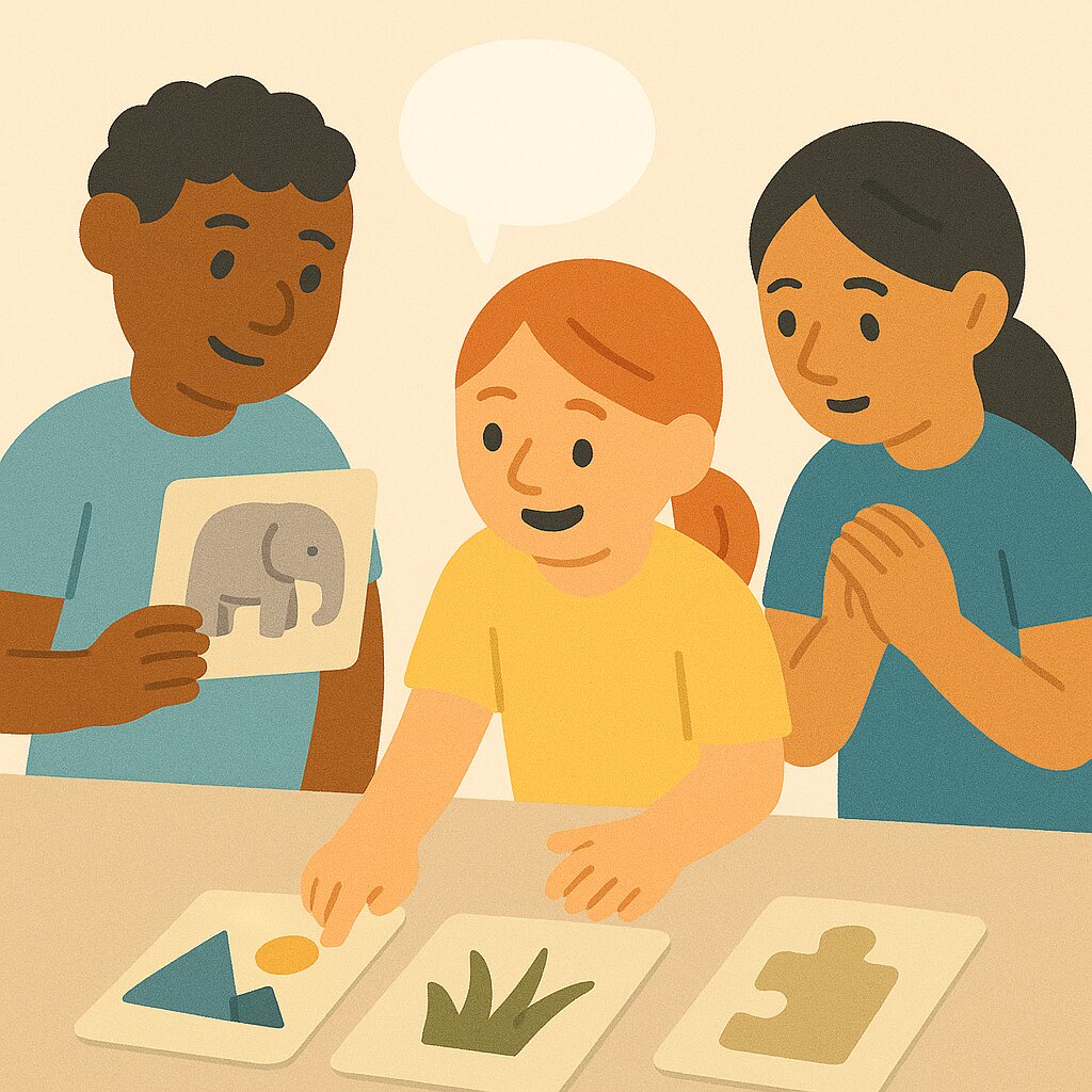 Illustration of children and a facilitator working through animal cards in a ZooDesign workshop